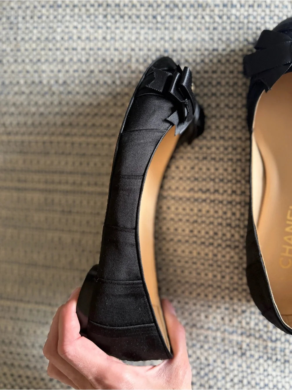 CHANEL Black Satin Peep-Toe Ballet Flats with Bow & Gold CC